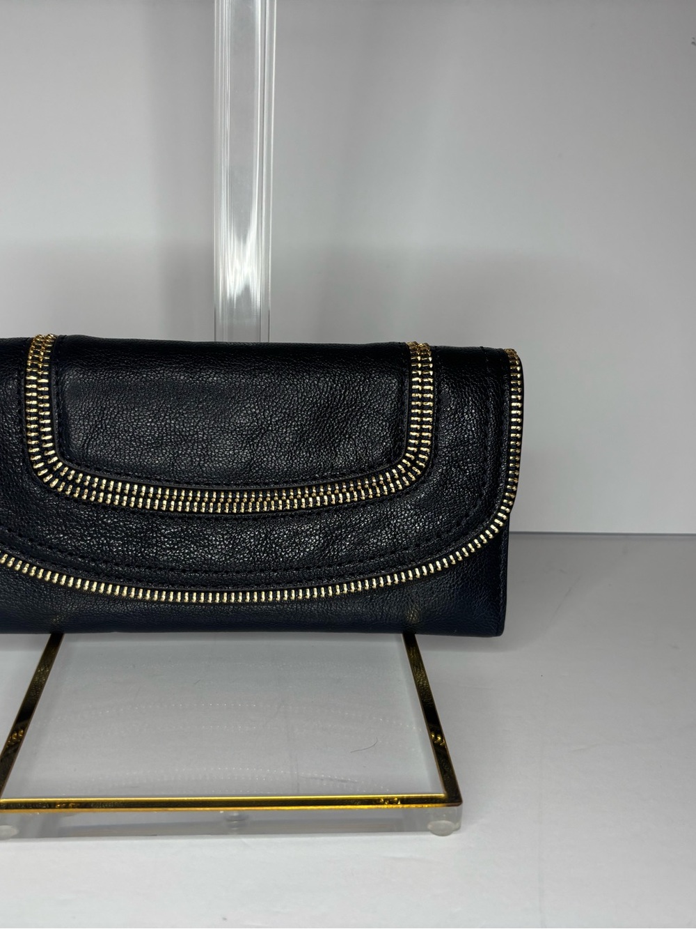Michael Kors Navy Pebbled Leather Clutch Wallet with Gold Zip Accent